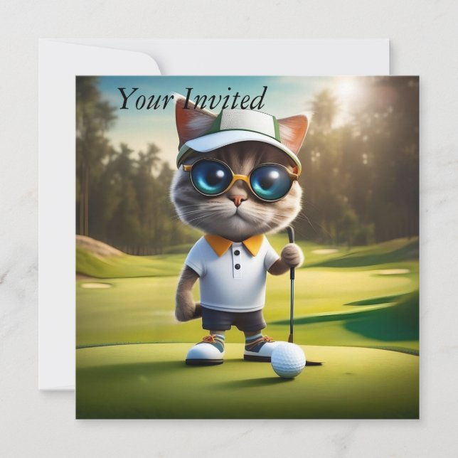 Invitación Funny Cat Golf Player, (Anverso)