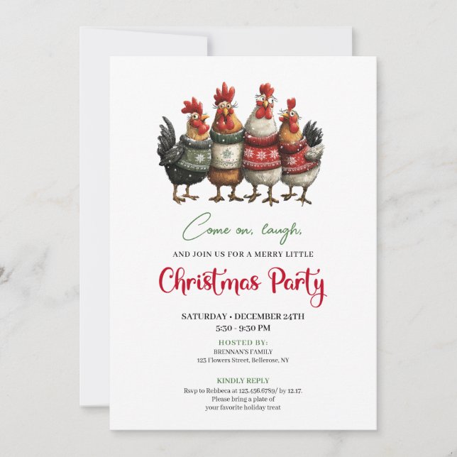 Invitación Funny Chickens Minimalist Red Green Holiday Invite (Anverso)