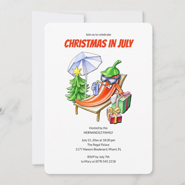 Invitación Funny Chilli Christmas in July Summer Pool Party (Anverso)