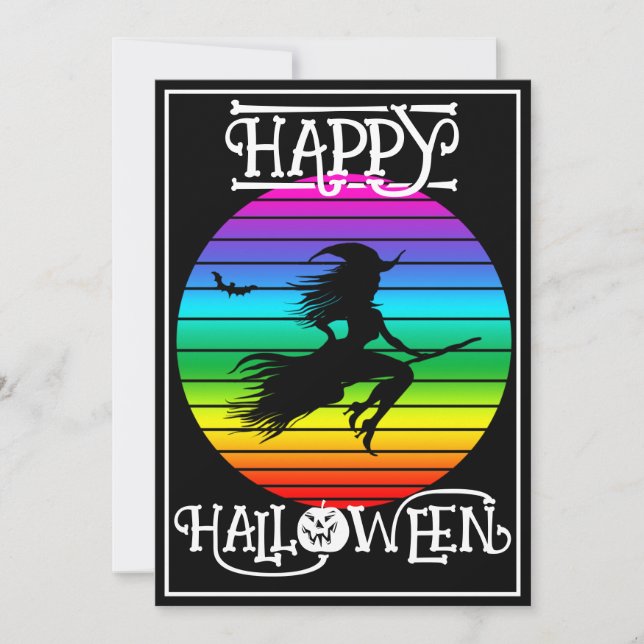 INVITACIÓN FUNNY COLORFUENTE WITCH ON BROOM HALLOWEPARTY (Anverso)