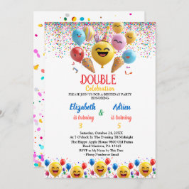 Invitación Funny Colorful Balloon Kids Doble cumpleaños