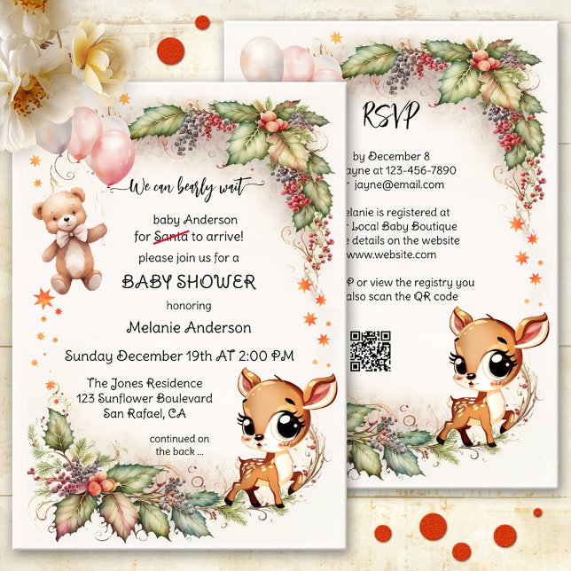 Invitación Funny Cute Navidades llevan Baby Shower (Christmas baby shower invitation with cute bear and deer on watercolor leaves and berries - QR code)