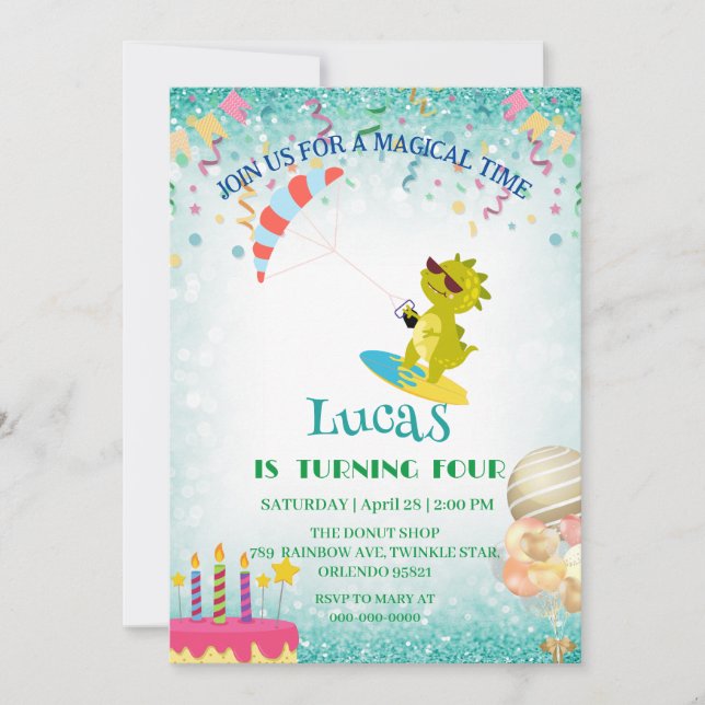 Invitación Funny dinosaur Paraglider Board Birthday party DIY (Anverso)