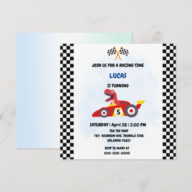 Invitación Funny Dinosaur racing car boy kids Birthday fiesta (Anverso / Reverso)