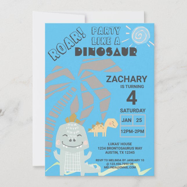 Invitación Funny Dinosaur Roar Kids Birday Fiesta (Anverso)