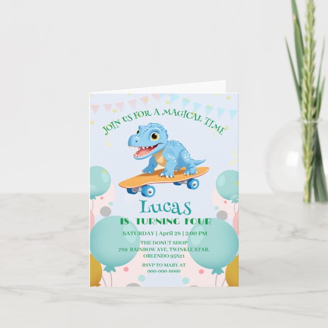 Invitación Funny dinosaur Skateboard Birthday party DIY Nombr (Anverso)