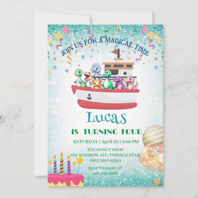 Invitación Funny dinosaur Yacht Birthday party DIY Name (Anverso)