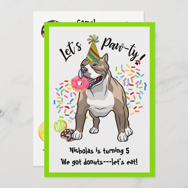 Invitación Funny Fiesta de Cumpleaños del Perro Pitbull Donut (Anverso / Reverso)