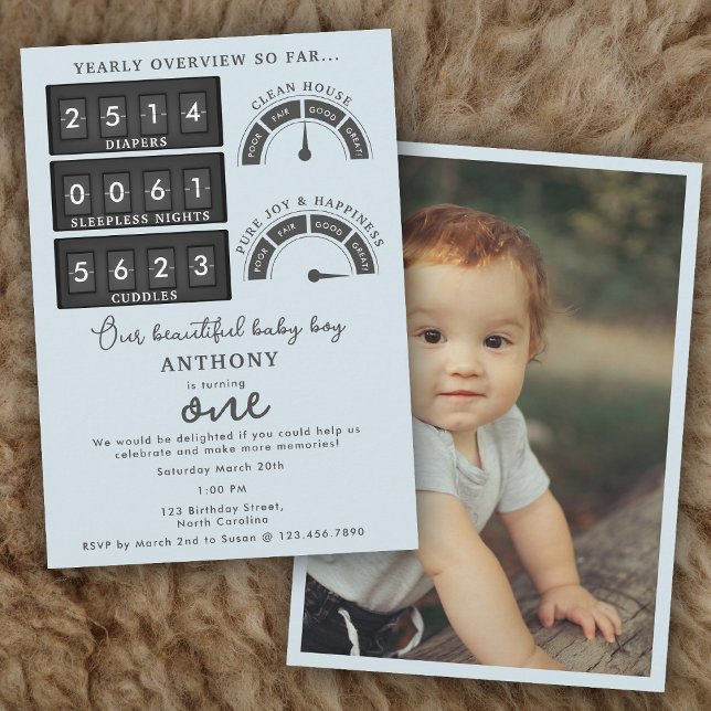 Invitación Funny First Birthday Baby Boy Cute Stats Photo (Funny First Birthday Baby Boy Cute Stats Photo Invitation)