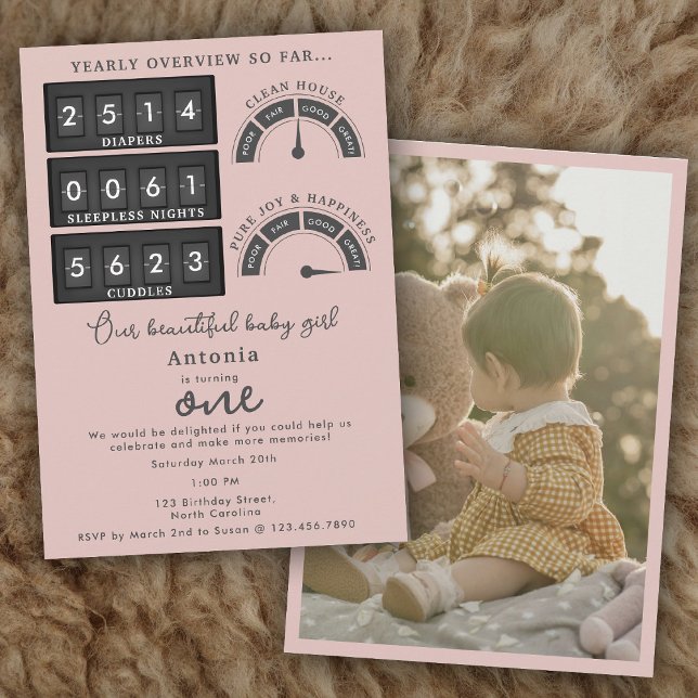 Invitación Funny First Birthday Baby Girl Cute Stats Photo (Funny First Birthday Baby Girl Cute Stats Photo Invitation)