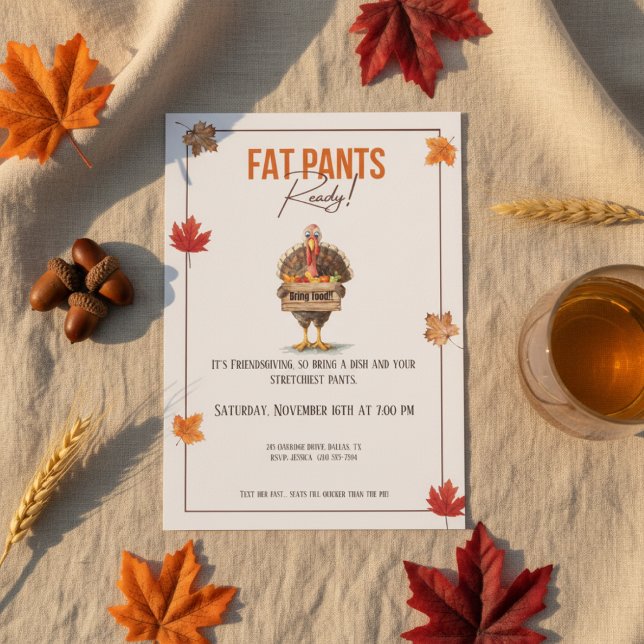 Invitación Funny Friendsgiving Invitation Fat Pants Ready (Funny friendsgiving invitation with fat pants ready turkey illustration and fall colors)