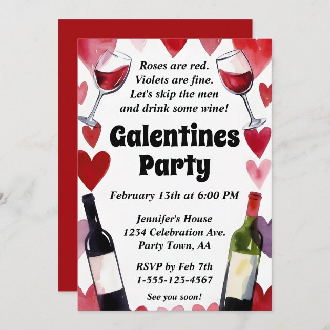 Invitación Funny Galentine Wine Hearts Girls Night (Anverso / Reverso)