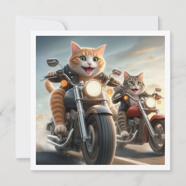 Invitación Funny Gato Bikers, Gatos En Motocicletas Cumpleaño (Anverso)