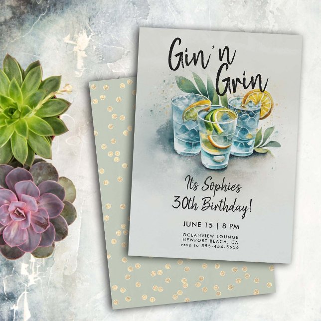 Invitación Funny Gin n Grin Bebe Fiesta 30 cumpleaños moderno (funny 30 birthday invitations for women gin grin cocktails hour party watercolor modern chic classy)
