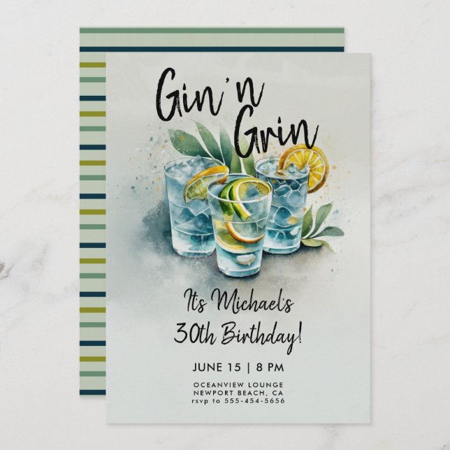 Invitación Funny Gin n Grin Bebe Fiestas Hombres 30 cumpleaño (Anverso / Reverso)
