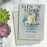 Invitación Funny Gin n Grin Cocktail Fiesta 30 cumpleaños<br><div class="desc">Una divertida plantilla de invitación para fiestas de cumpleaños número 30 para mujeres que incluye una pintura acuarela de un vaso de ginebra y el título "Gin 'n' Grin". Todo el diseño es un juego en una etiqueta de botella de ginebra. Una invitación humorística de cumpleaños número 30 para una...</div>