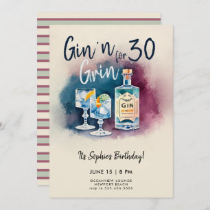 Invitación Funny Gin n Grin Fiesta Stripe Modern 30 cumpleaño