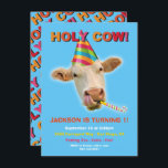 Invitación Funny Holy Cow Birthday Party<br><div class="desc">Invitaciones divertidas y festivas a la fiesta de cumpleaños de la vaca sagrada. Cuenta con una vaca grande que sopla un cuerno de fiesta y lleva un gorra fiesta colorido. Ambiente de collage moderno. Perfecto para un primer cumpleaños, pero cualquier edad funcionará. Genial para un niño o chica. Perfecto para...</div>