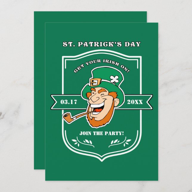 Invitación Funny Leprechaun Badge St. Patrick's Day Fiesta (Anverso / Reverso)