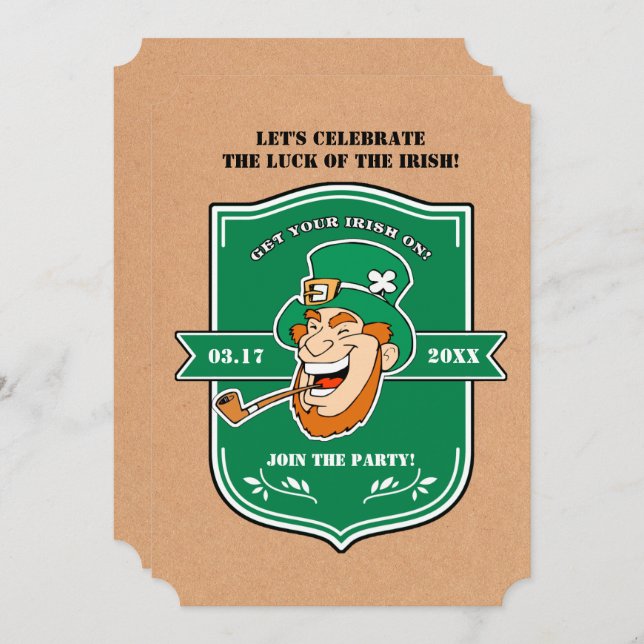 Invitación Funny Leprechaun Badge St. Patrick's Day Fiesta (Anverso / Reverso)