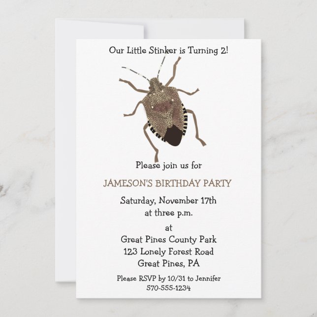 Invitación Funny Little Stinker Brown Stink Bug Birday (Anverso)