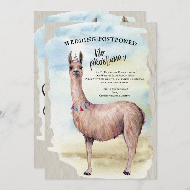 Invitación Funny Llama Boda pospuso cambio de fecha (Anverso / Reverso)