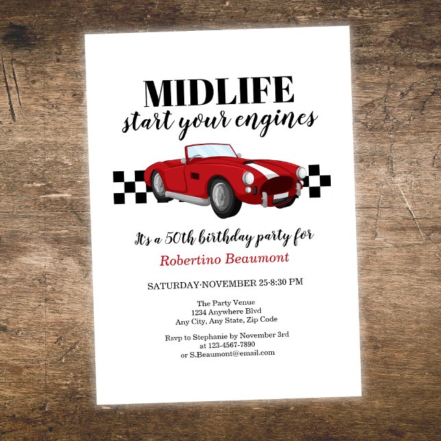 Invitación Funny Midlife Vintage Red Car 50th Birthday  (Subido por el creador)