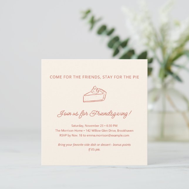 Invitación Funny Modern Pie Friendsgiving Party Thanksgiving (Anverso de pie)