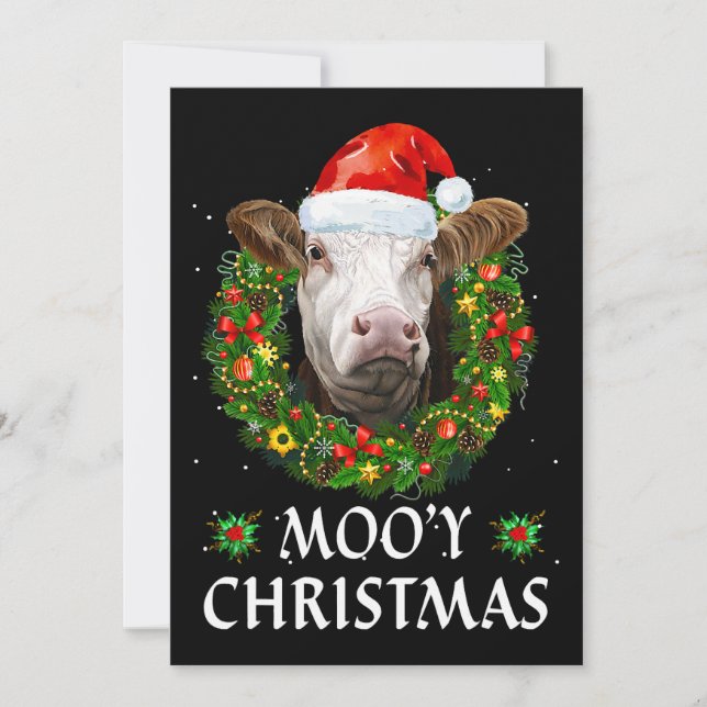 Invitación Funny Mooey Navidades Wreath Santa Hat Cow Moo Far (Anverso)
