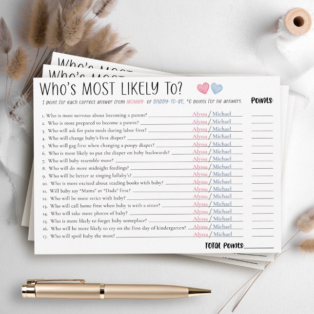 Invitación Funny Most Likely To Couples Baby Shower Game Card (Funny cute Who's Most Likely To mommy-to-be and daddy personalized name fun couple shower game card)