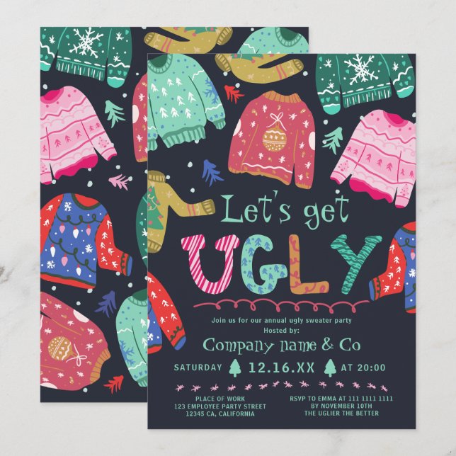 Invitación Funny Navidades corporativos de suéter kitsch y fe (Anverso / Reverso)