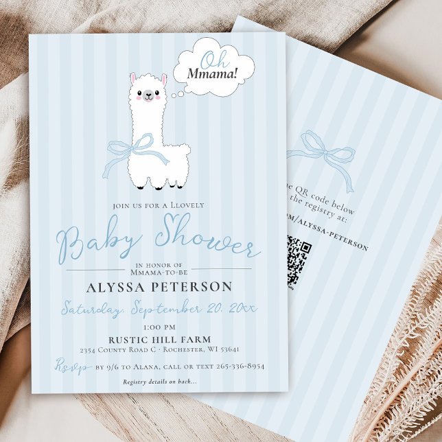 Invitación Funny Oh Mmama Llama Cute Blue Baby Boy Shower (Cute Oh Mmama Llama funny farm animal blue bow stripes baby boy QR code modern shower invitation )