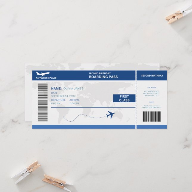 Invitación Funny passport, boarding pass ticket 2nd birthday (Anverso/Reverso In Situ)