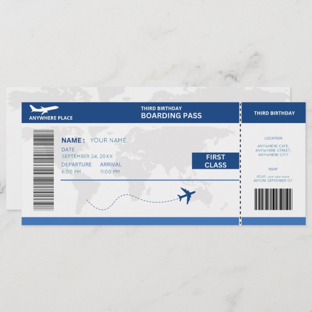 Invitación Funny passport, boarding pass ticket 3rd birthday (Anverso / Reverso)