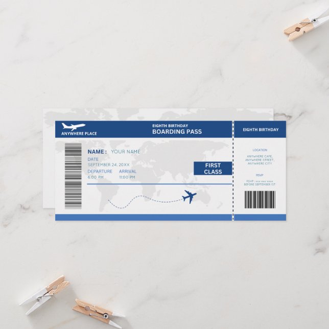 Invitación Funny passport, boarding pass ticket 8th birthday (Anverso/Reverso In Situ)