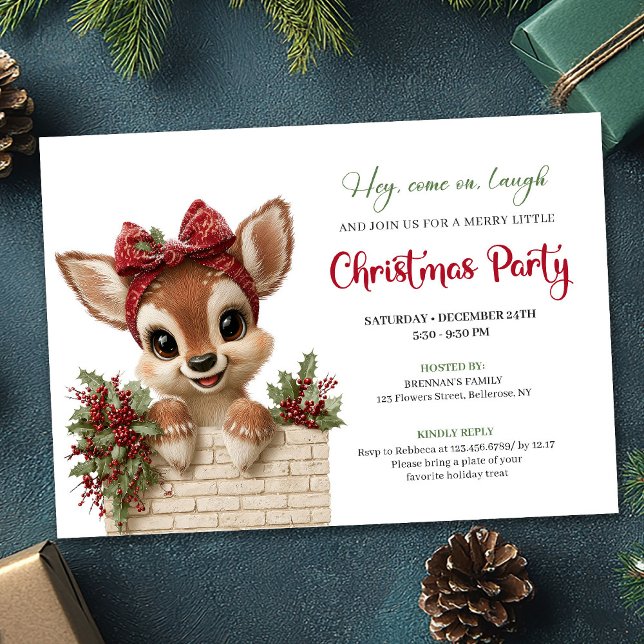 Invitación Funny peeking reindeer holiday kids party invites (Funny peeking reindeer holiday kids party invitation)