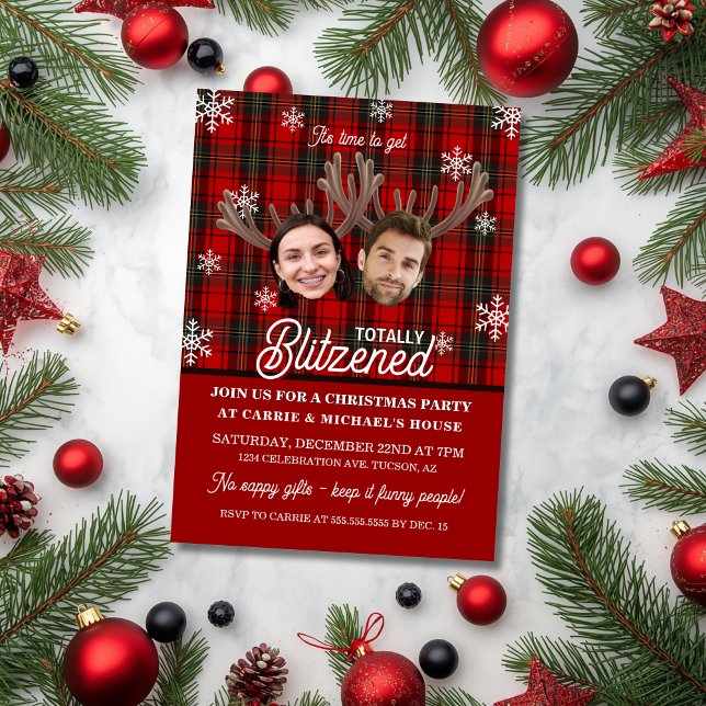 Invitación Funny Photo Face Blitzened Christmas Party (Funny cocktail or office party invitation with two faces, antlers for totally blitzened invitation)