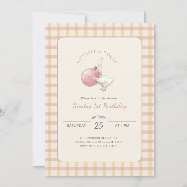 Invitación Funny Pink Bow One Little Goose 1st Birthday Party (Anverso)