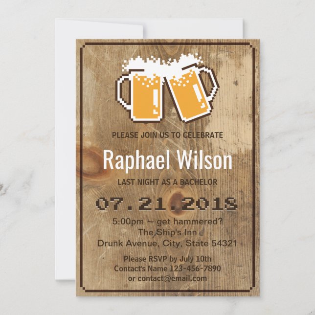 Invitación Funny Pixel Beers & Wood Bacheler Party Card (Anverso)