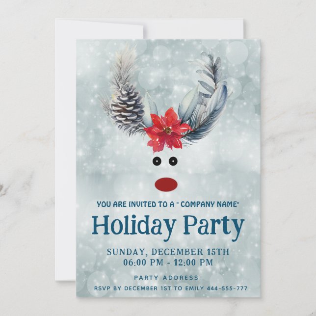 Invitación Funny poinsettia reno fiesta de fiesta corporativa (Anverso)