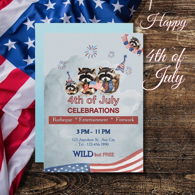 Invitación Funny Raccoons Patriótico BBQ & Fireworks (Funny Patriotic Raccoons BBQ & Fireworks Invitation)