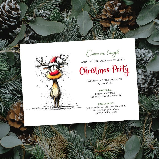 Invitación Funny Reindeer Hand Drawn Holiday Party Card (Funny Reindeer Hand Drawn Holiday Party Card)