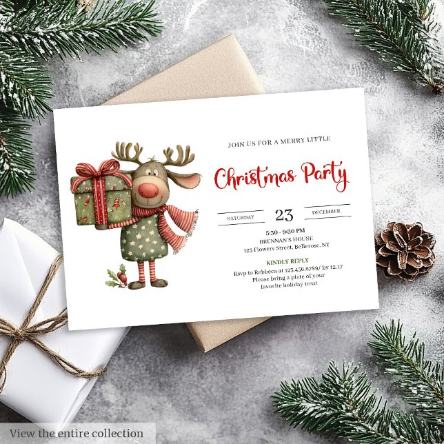 Invitación Funny Reindeer red green printable Christmas  (Funny Reindeer red green printable Christmas invite)
