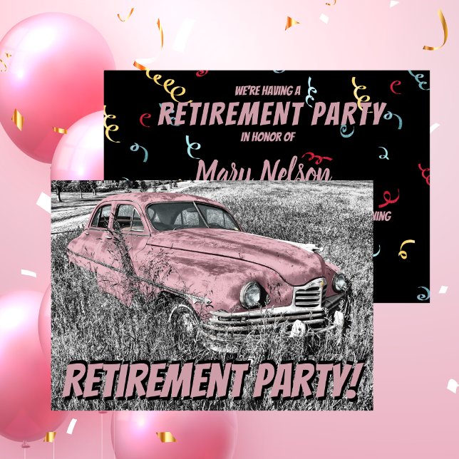 Invitación Funny Retirement Fiesta Antiguo Car Pink (Subido por el creador)