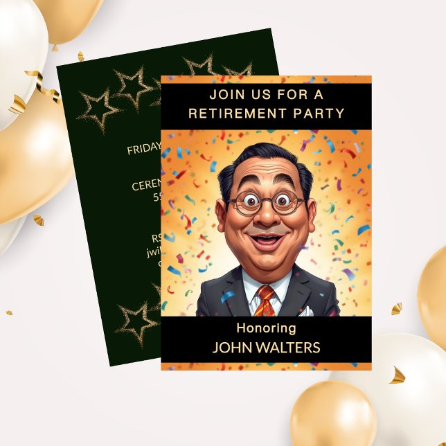 Invitación Funny Retirement Party Caricature Business Man (Funny Retirement Party Caricature Business Man Invitation)