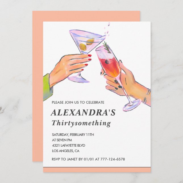 Invitación Funny Rosa Cocktail Champagne de 36 años (Anverso / Reverso)