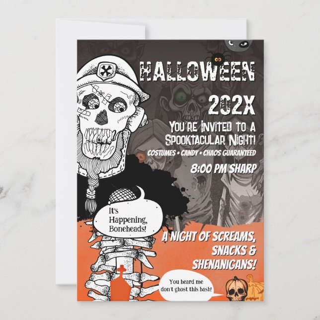 Invitación Funny Skeleton Mic Halloween Bash (Anverso)