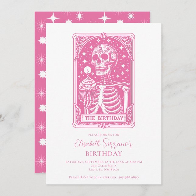 Invitación Funny Tarot Pink Birthday (Anverso / Reverso)