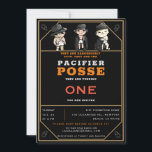Invitación Funny Triplets Pacifier Posse Wild West Birthday<br><div class="desc">¡Un ilustracion de tres bebés, usando pañales, pacificadores y ropas de gran tamaño y pareciéndose a personajes del Lejano Oeste, es la pieza central de esta divertida, divertida y tan linda invitación a la fiesta de primer cumpleaños para trillizos! Son la "Posada Pacificadora" y son peligrosamente lindos. UNA NOTA DEL...</div>
