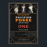 Invitación Funny Triplets Pacifier Posse Wild West Birthday<br><div class="desc">¡Un ilustracion de tres bebés, usando pañales, pacificadores y ropas de gran tamaño y pareciéndose a personajes del Lejano Oeste, es la pieza central de esta divertida, divertida y tan linda invitación a la fiesta de primer cumpleaños para trillizos! Son la "Posada Pacificadora" y son peligrosamente lindos. UNA NOTA DEL...</div>